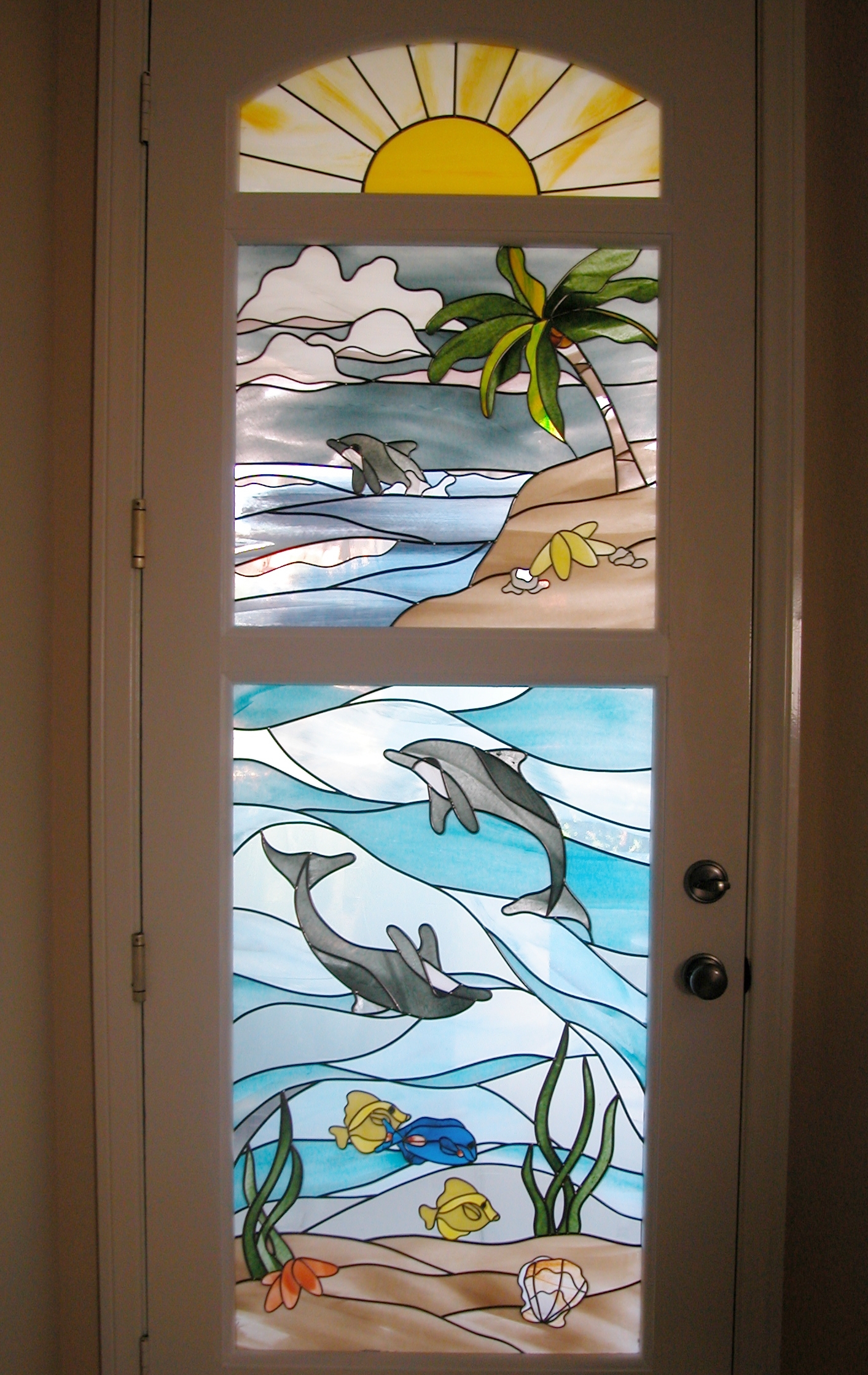 Sun, Ocean, and Dolphins Stained Glassw Overlay Door Panels