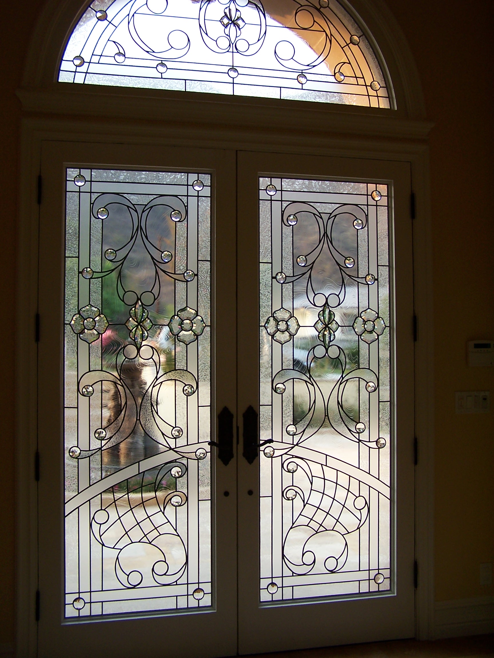 Lead and Bevel Stained Glass Overlay Front Doors with Transom