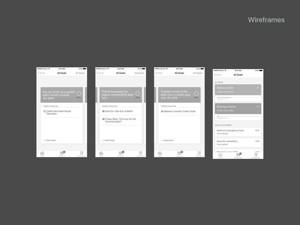 Here are the action plan wireframes I was given by the UX designer in March 2016 to develop visually.