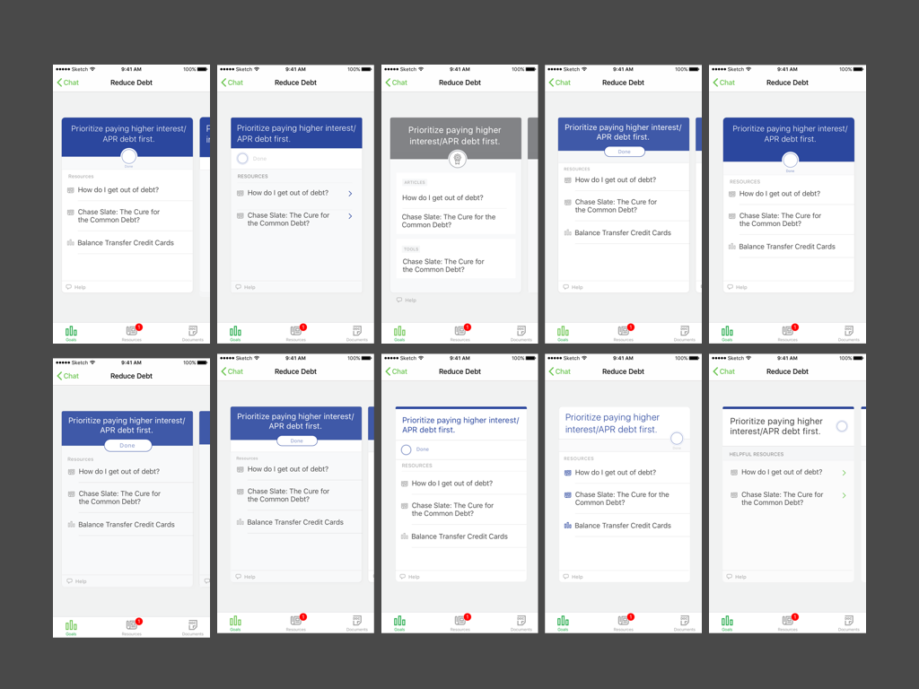 Here I experimented with variations of the necessary elements, such as “done” buttons, colors, accents.