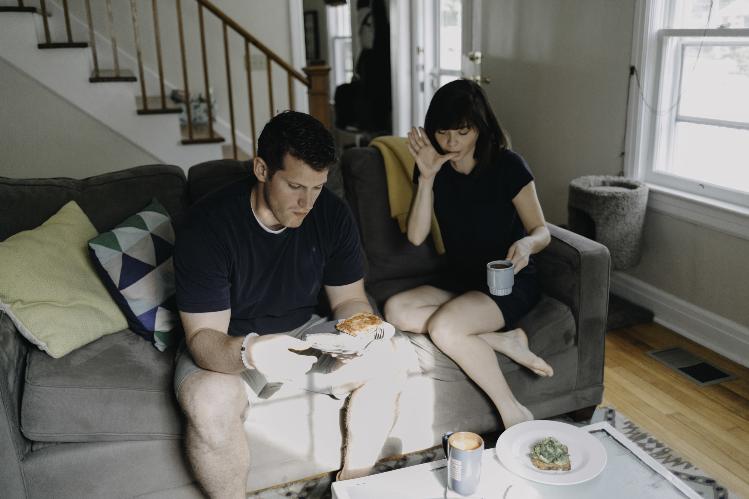 In-home, couch, snuggle, engagement, breakfast, Saturday, morning, avocado, toast, tea, maternity