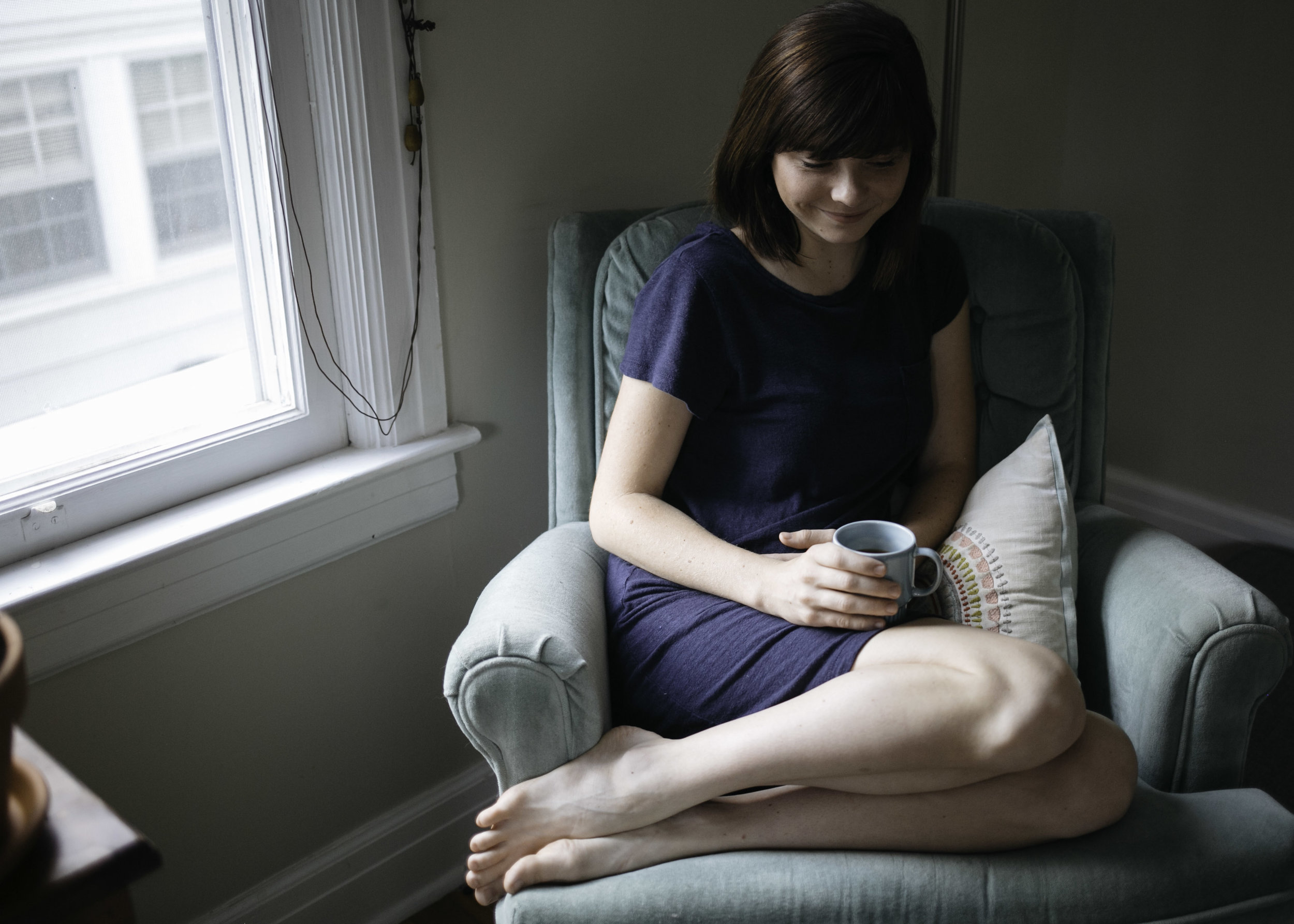 Tea, maternity, chair, window, smile, pregnant, in-home, engagement, love, lifestyle, morning, simple, Saturday 