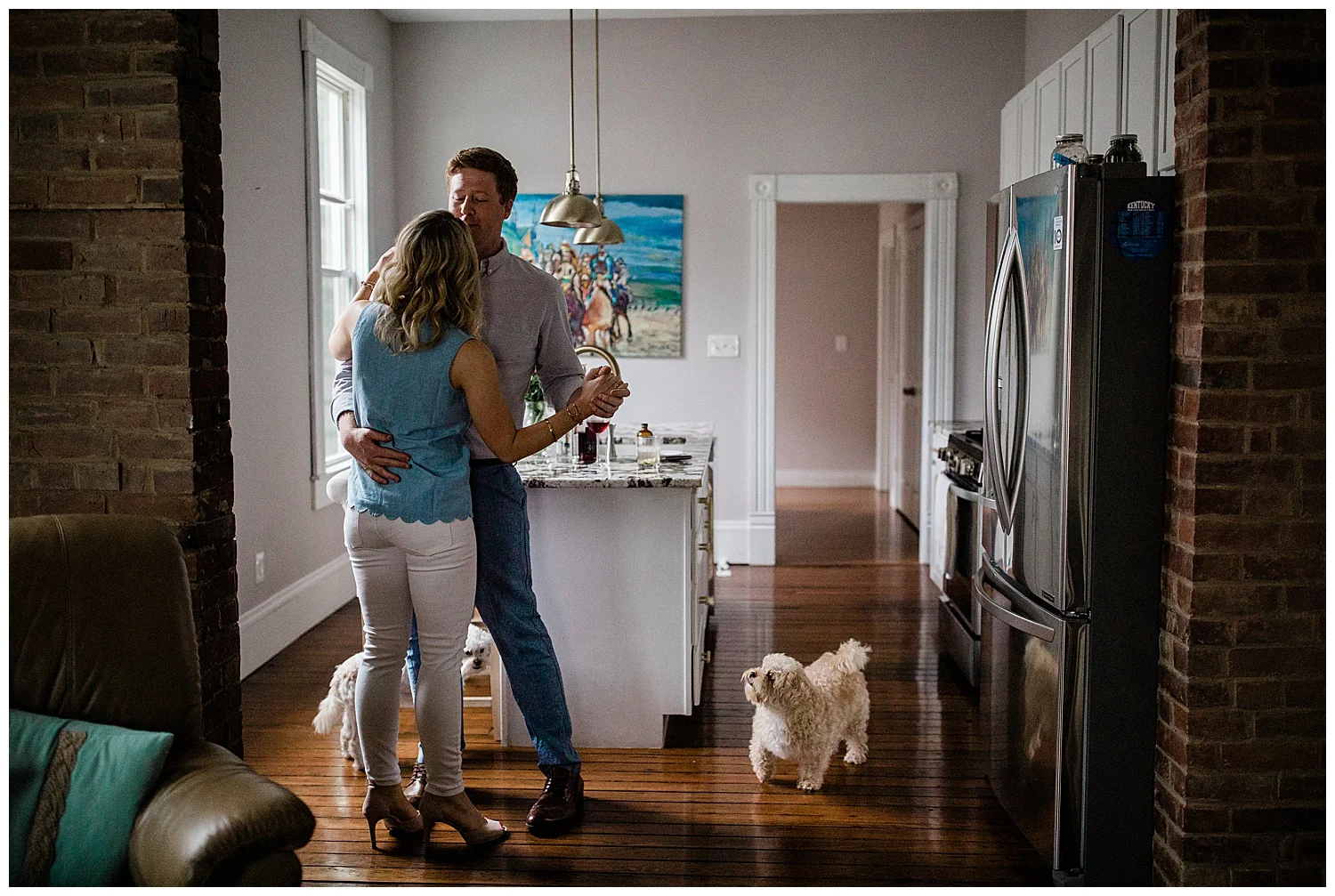 In-home engagement session with dogs. Charlottesville Virginia wedding photographer