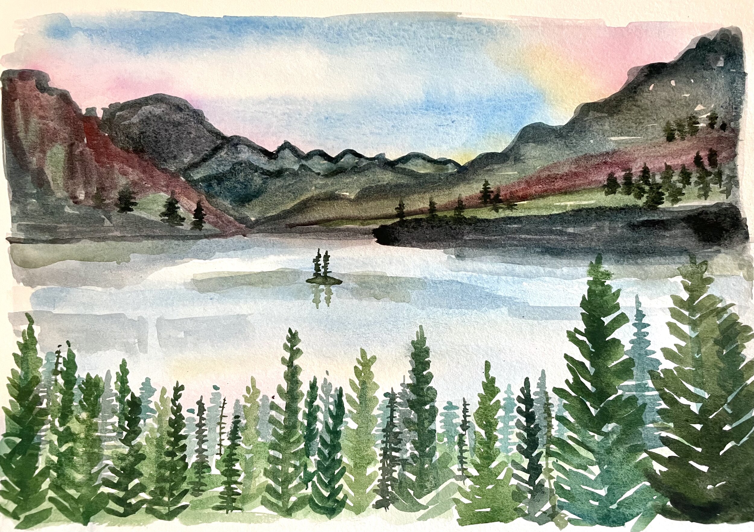 H Nielson - sunrise mountain lake watercolor.jpg