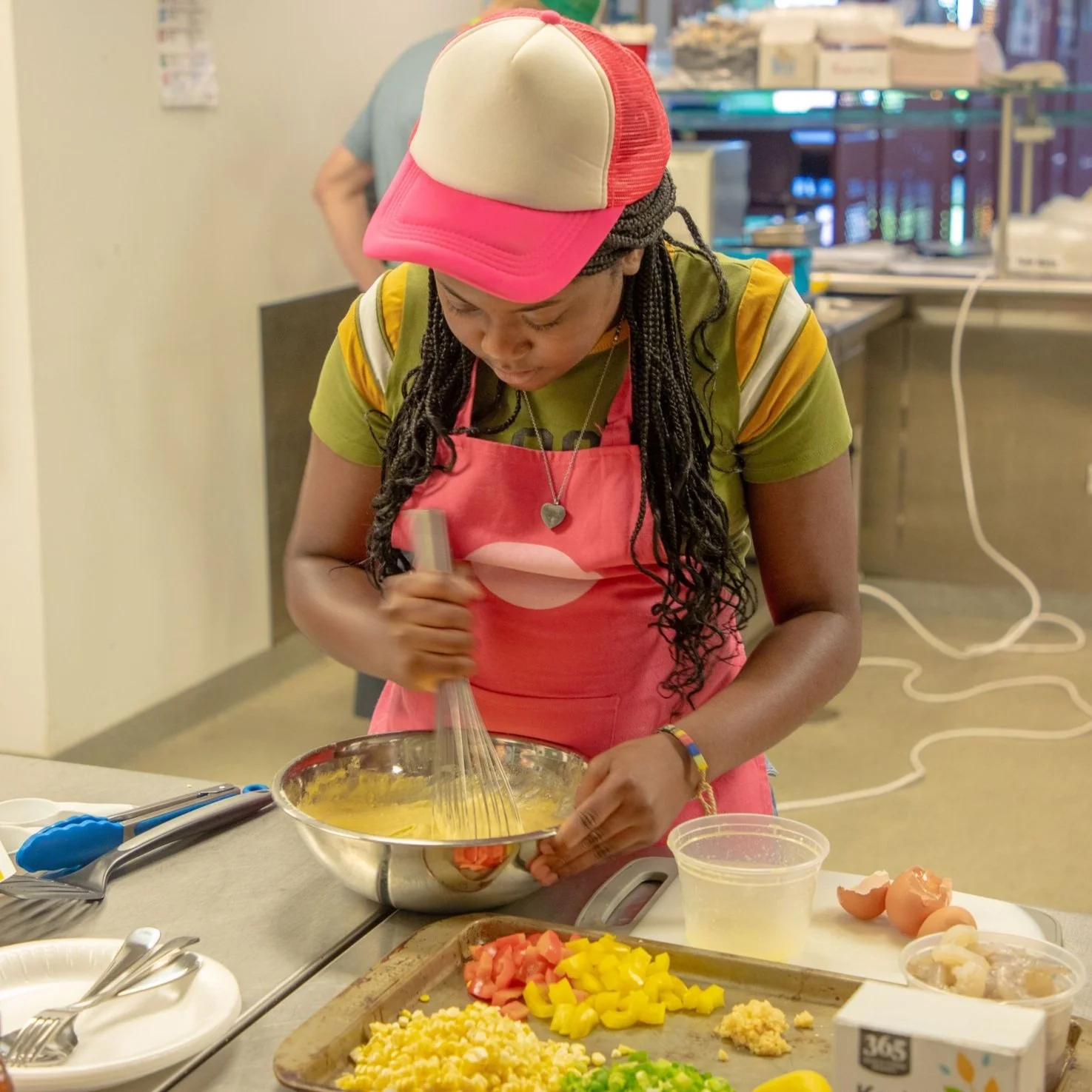 Sweet corn pancakes with hot honey shrimp