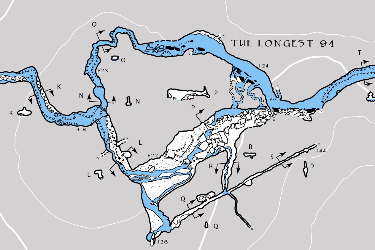 An extract from the final map showing the best part of the cave- the Longest 94.