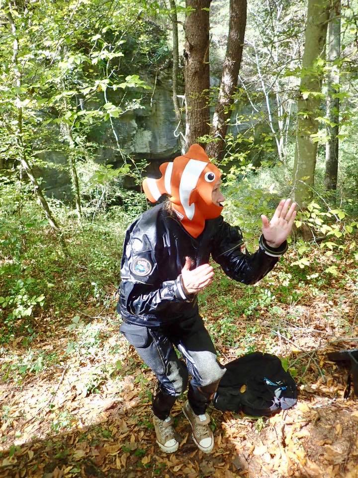 Chrissy gets ready to do battle with the cave creatures!