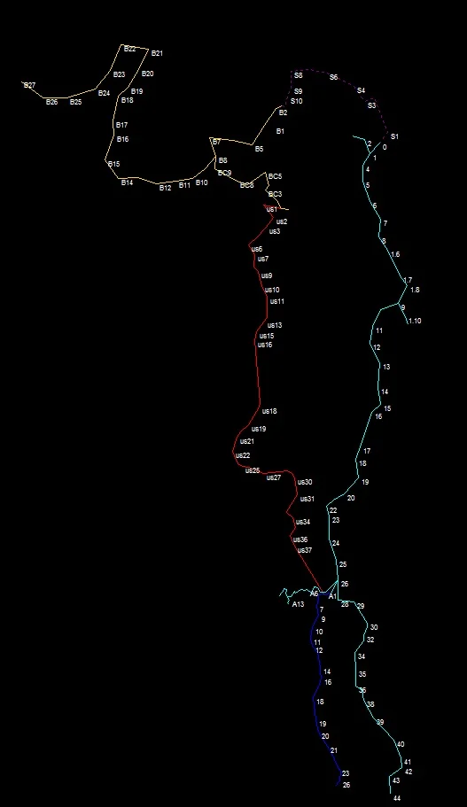 Yellow: Pat Kambesis survey of Russell Cave, Red: Connection sump survey (Jason Richards), Dark Blue: Downstream Sump (Jason Richards), Pale Blue: Montague Dry Survey (Jason Richards, Christina Richards, Andy Zellner) Dashed Line: Surface connection survey.