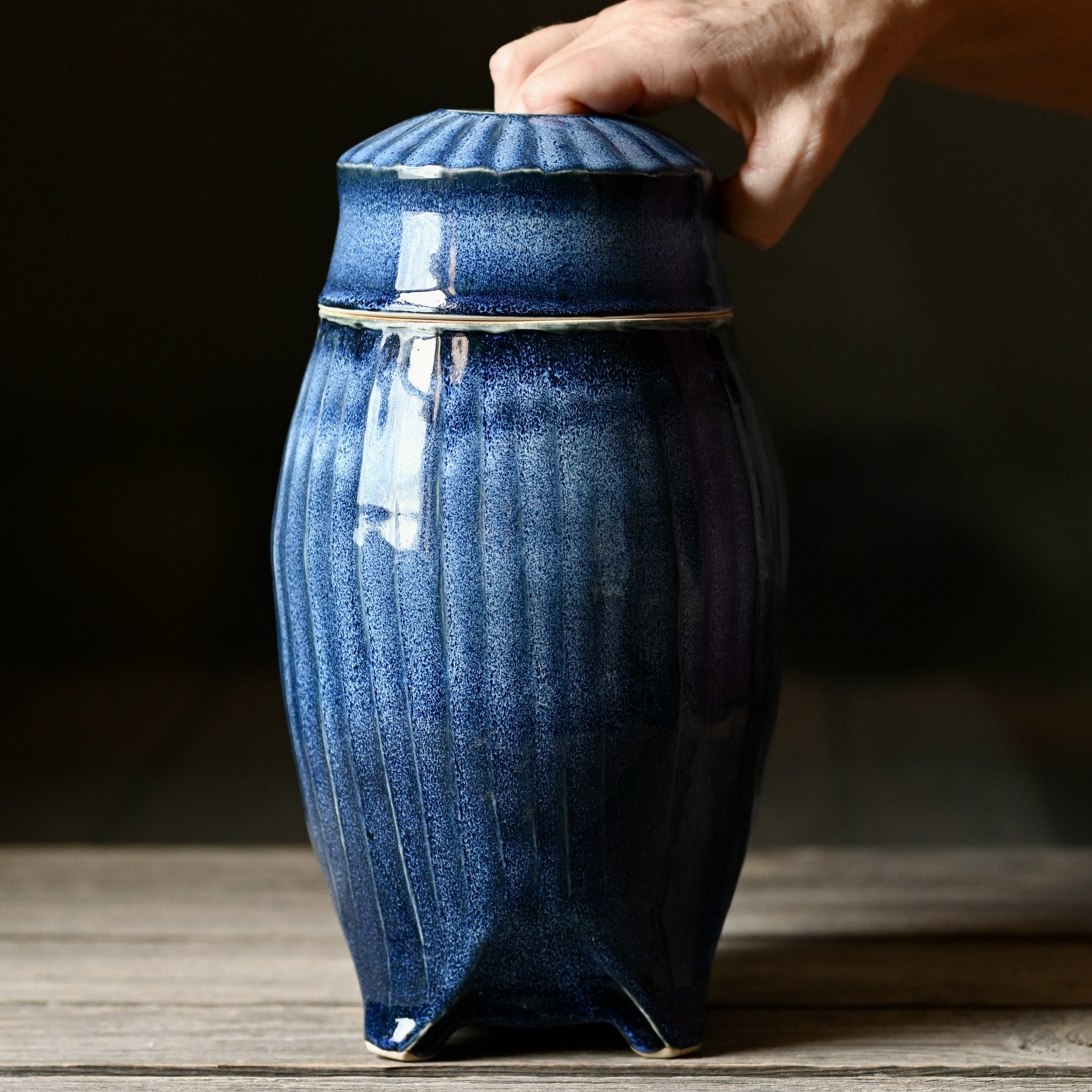 Footed blue galaxy urn Individual size luciaurns.JPG