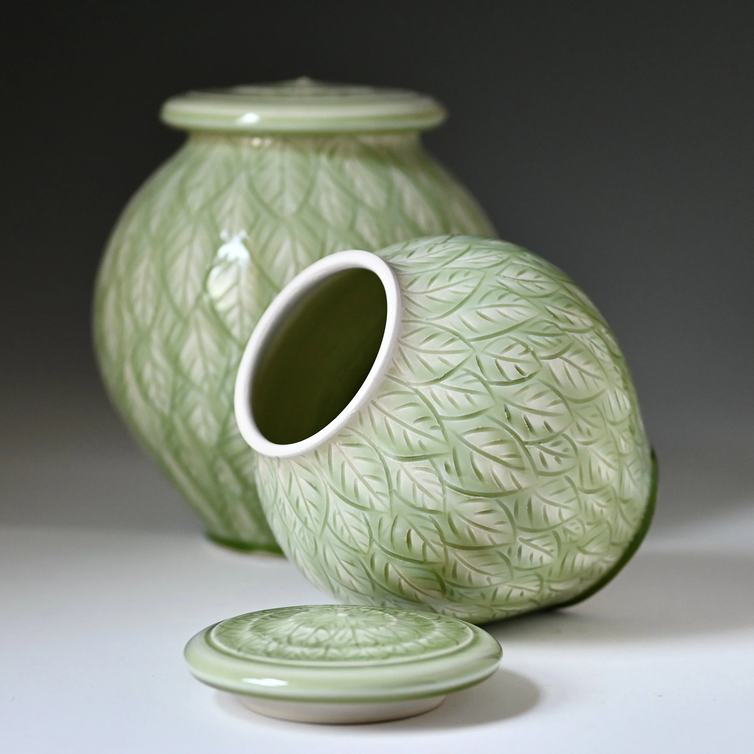 Spring Leaves Medium Size Urn Detail LuciaUrns.com.JPG