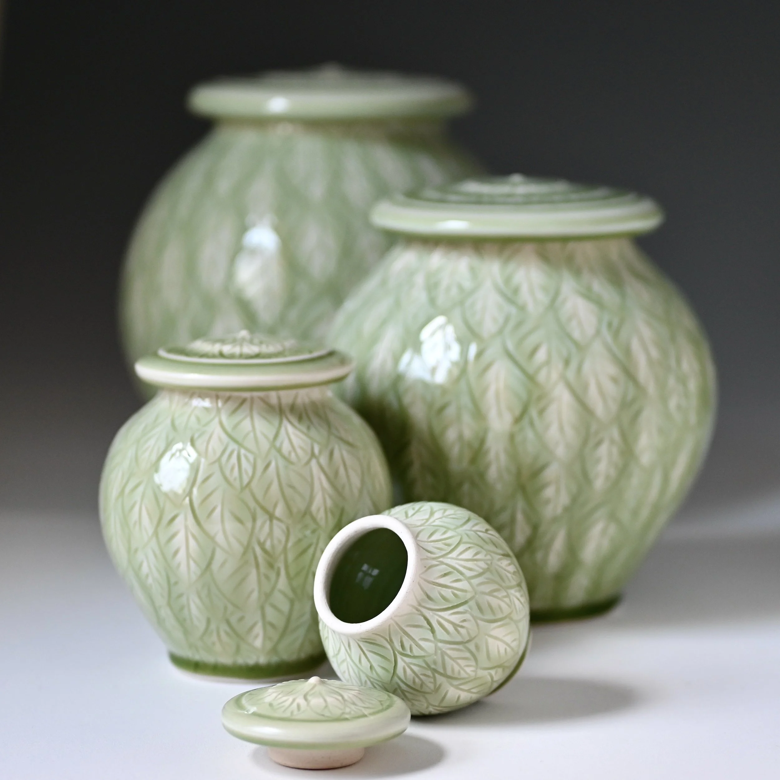 Spring Leaves Urns All Sizes LuciaUrns.com.JPG