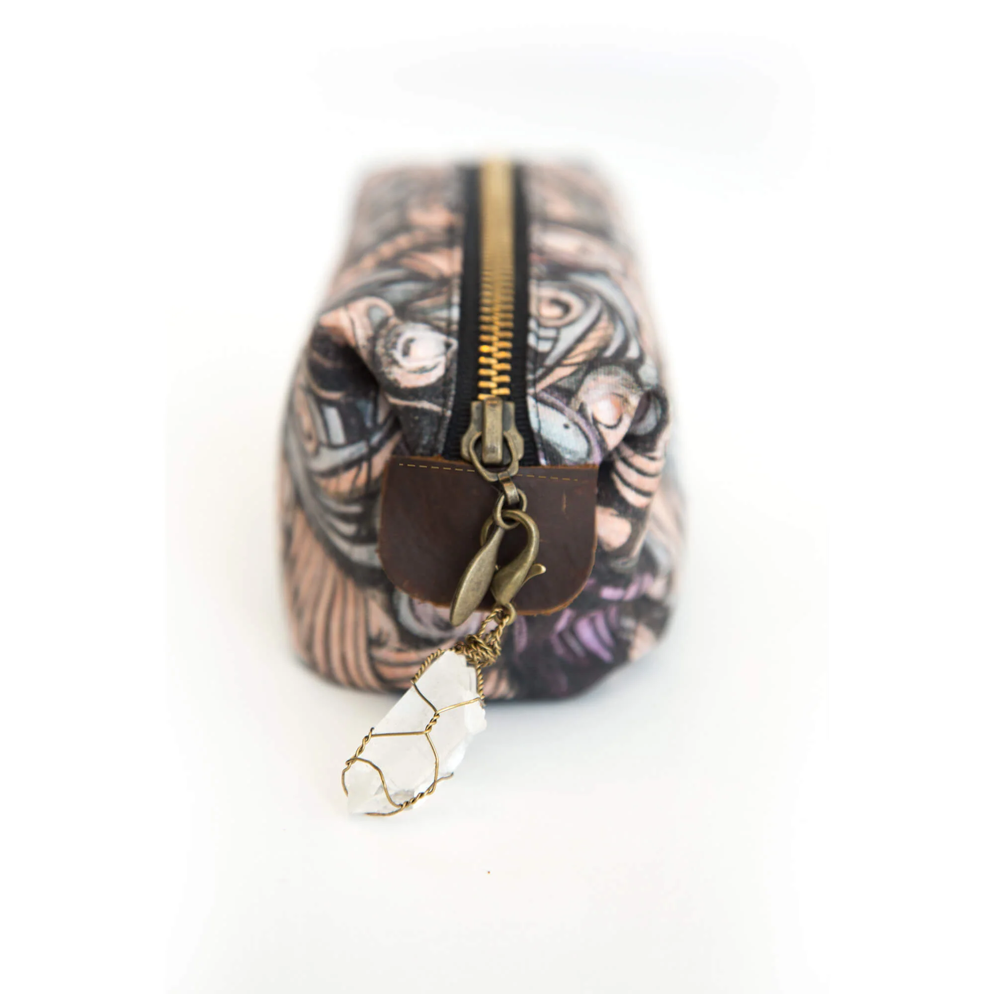 Chamuel cosmetic bag - Stained glass print - side view with clear quartz crystal charm