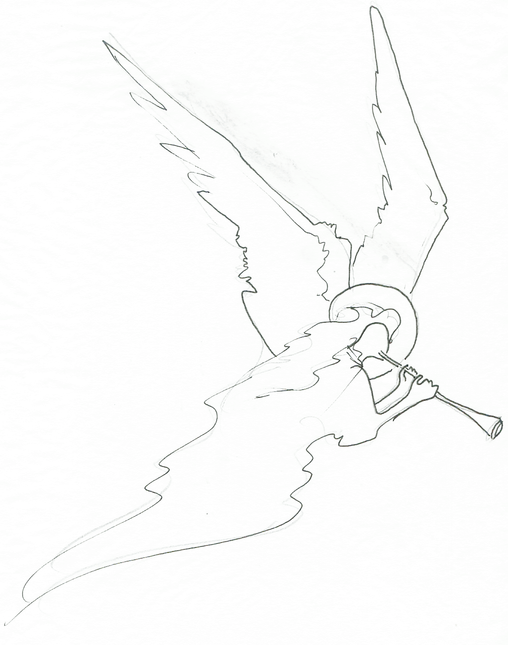 Initial sketches. Her copper trumpet brings good tidings. 
