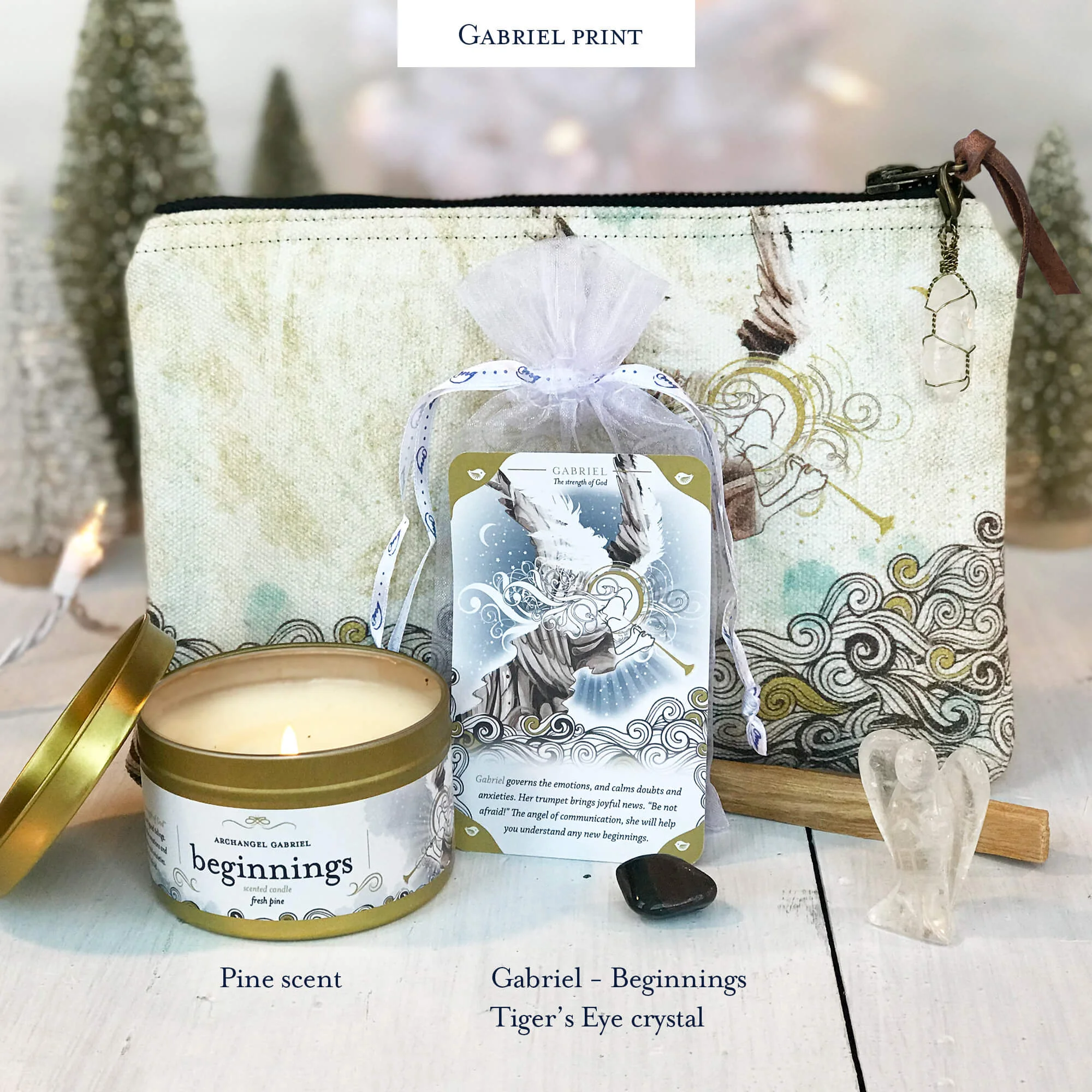 Gabriel print - Beginnings pine candle, Gabriel tiger’s eye crystal
