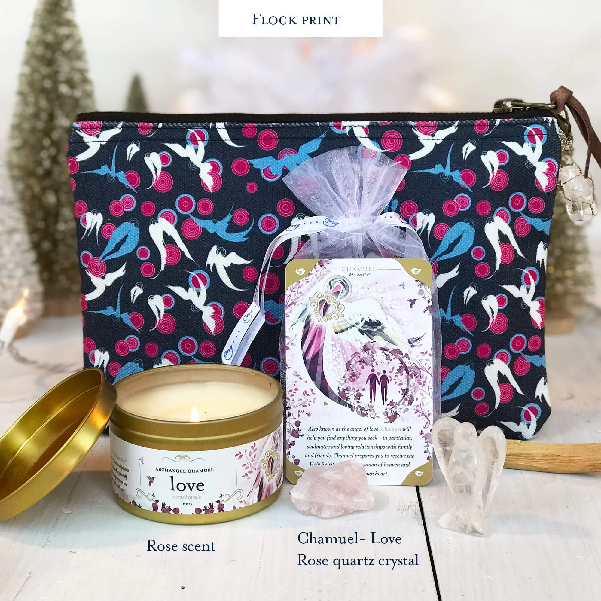 Flock print - Love rose candle, Chamuel rose quartz crystal