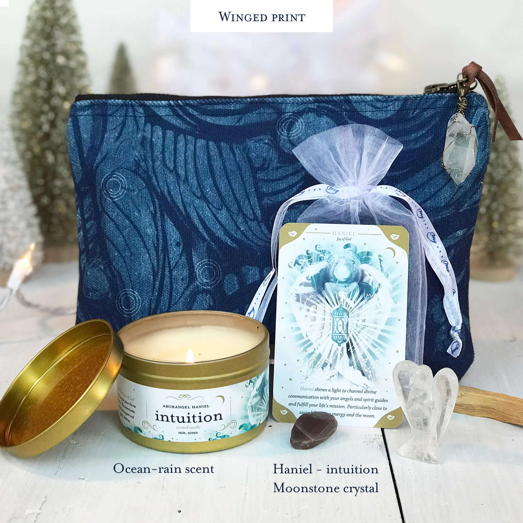 Winged print - Intuition ocean candle, Haniel moonstone crystal