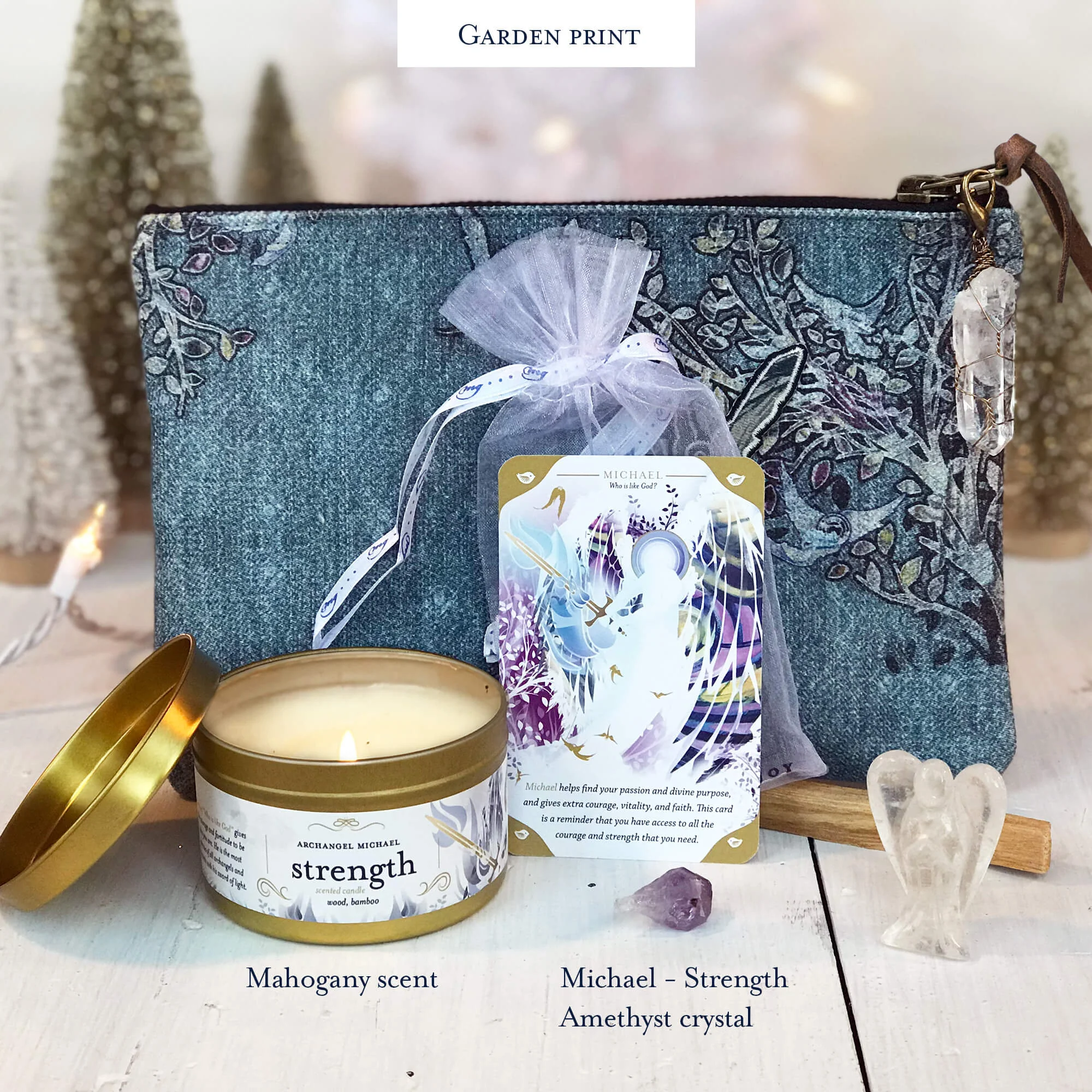 Garden print - Strength mahogany candle, Michael amethyst crystal