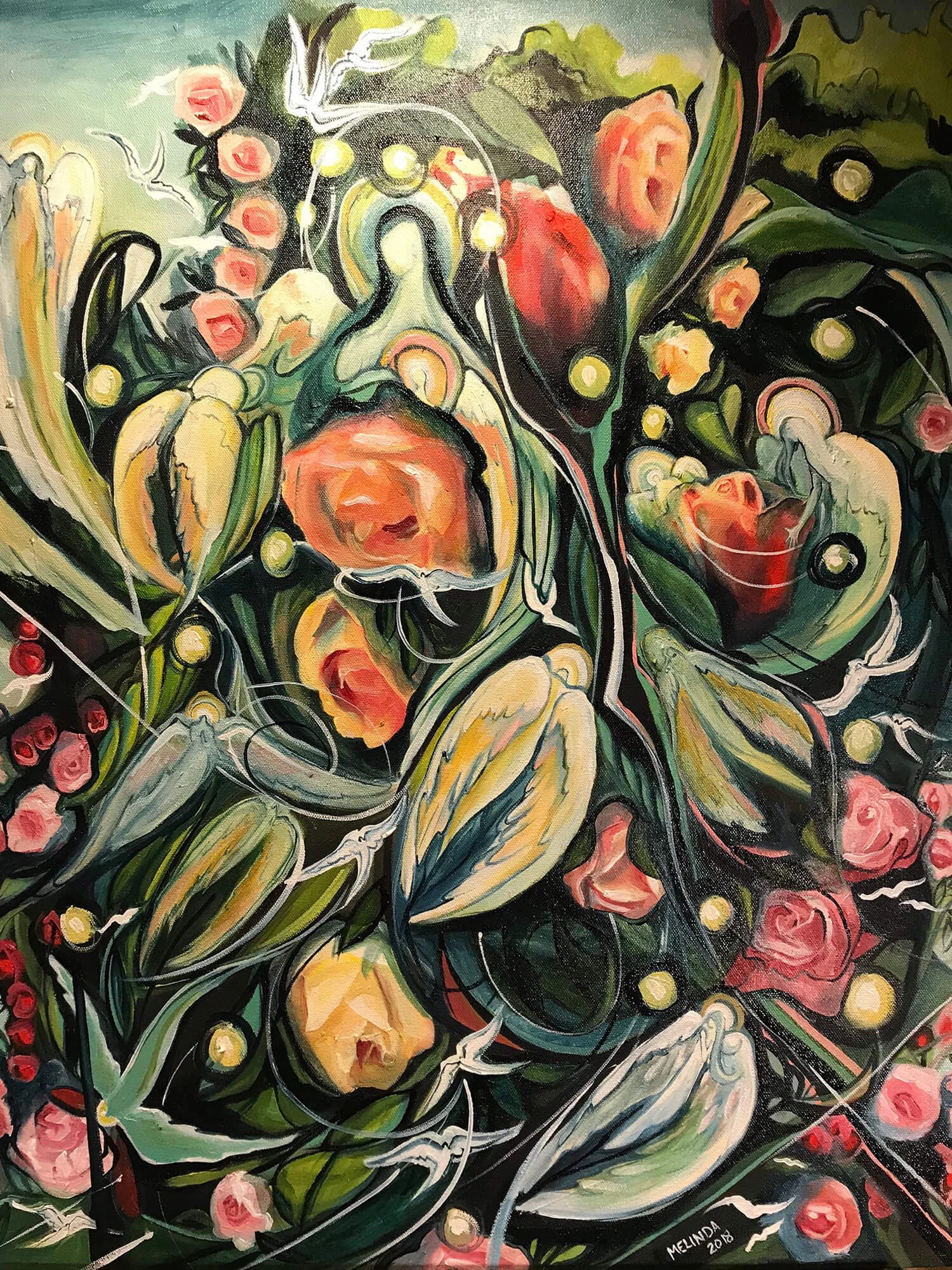 "Dusk in the garden" 22 x 28"; Dusk is my favorite time to see angels. 