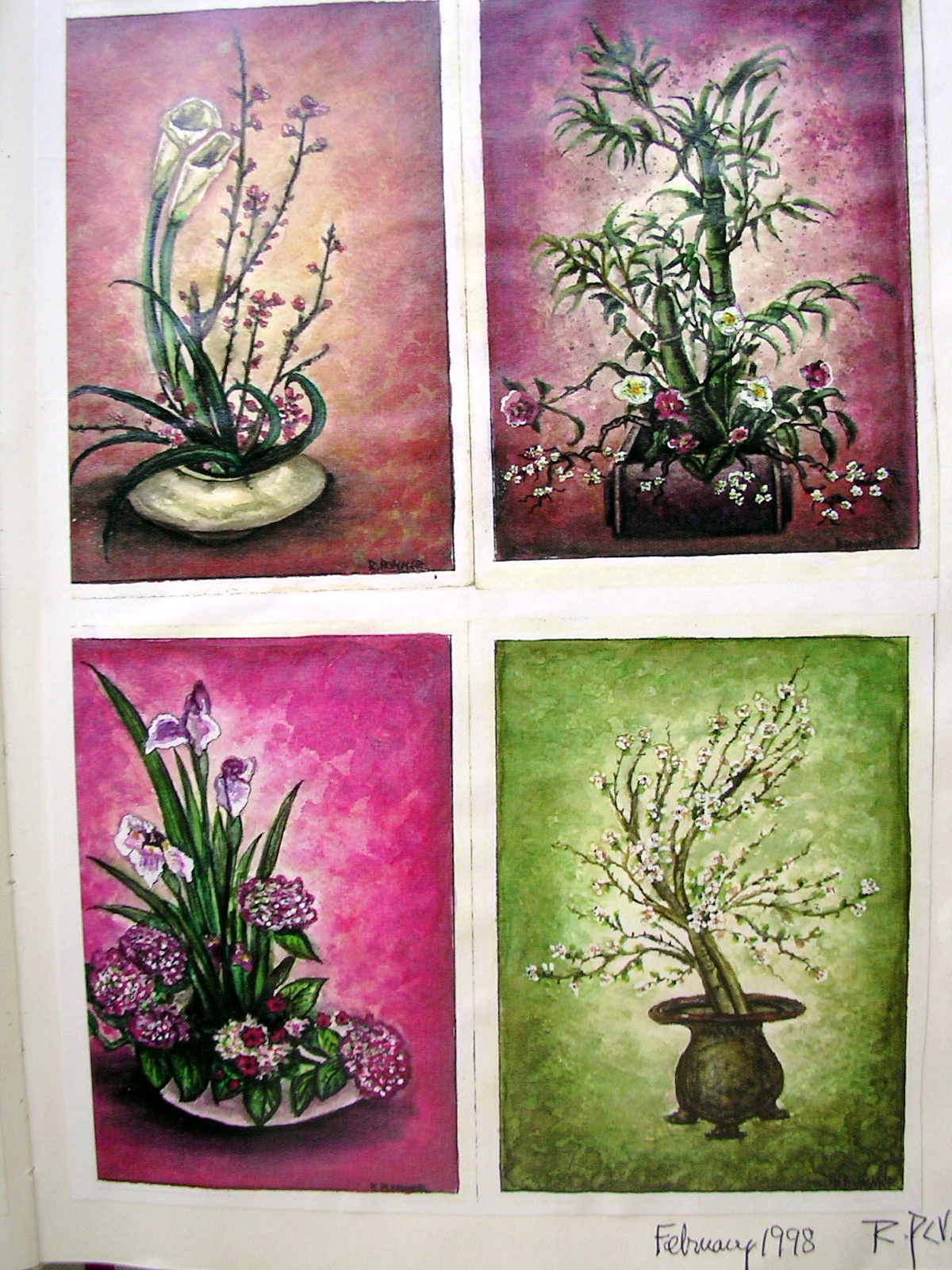 Miniature Ikebana watercolors, postcard size