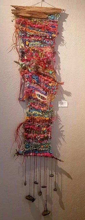 Rogue Tapestry, yarn, fabric, polymer clay beads, reeds