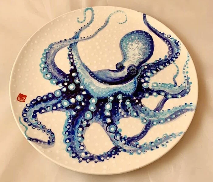 Octopus Painted Ceramic Plate with Susan Schrader Studios, 10/2020