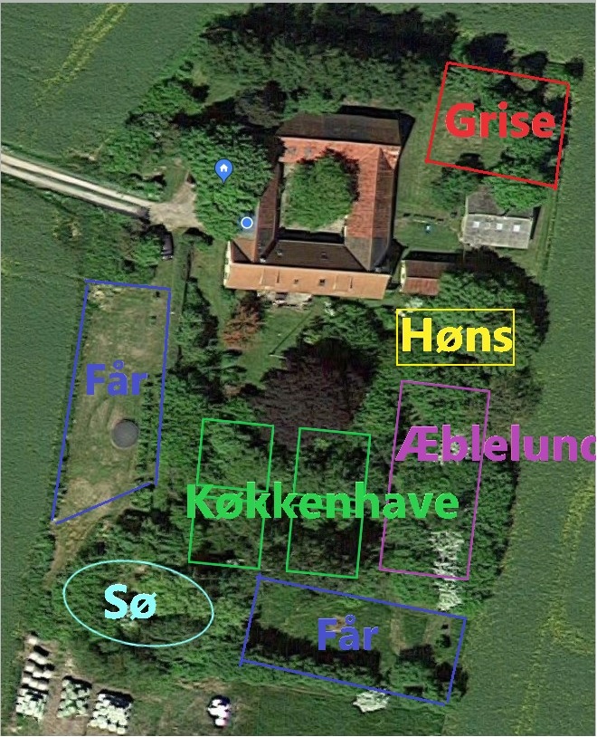 Der er løbet meget vand under broen, siden jeg lavede denne plan. Hønsene er flyttet op, hvor grisene skulle have boet, grisene er flyttet ned hvor fårene skulle have boet, og fårene er blevet udskudt til jeg en dag får lidt mere jord.