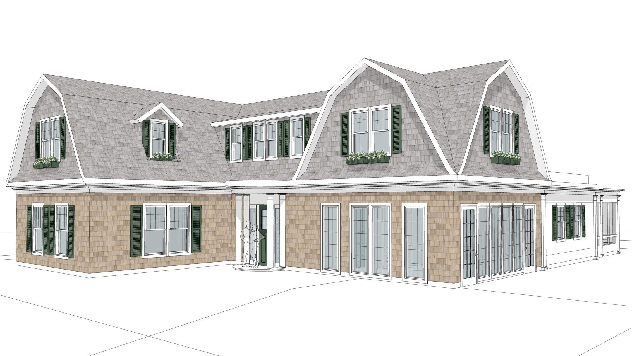 This preliminary model envisions the renovation of a single-family home, transforming it from a mid-century rancher into a two-story, shingle-style house. Without altering the existing footprint, we were able to provide a design that increased the ho