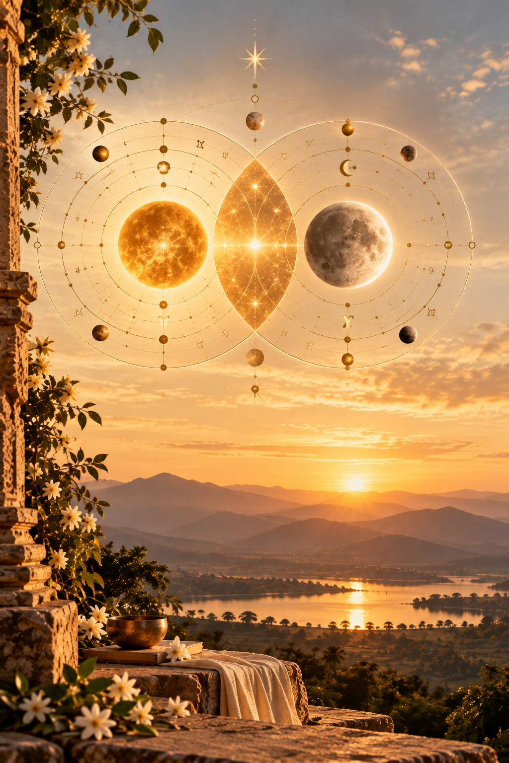 A scenic sunset over mountains with a lake below, superimposed with a celestial diagram featuring the sun, moon, planets, and stars.