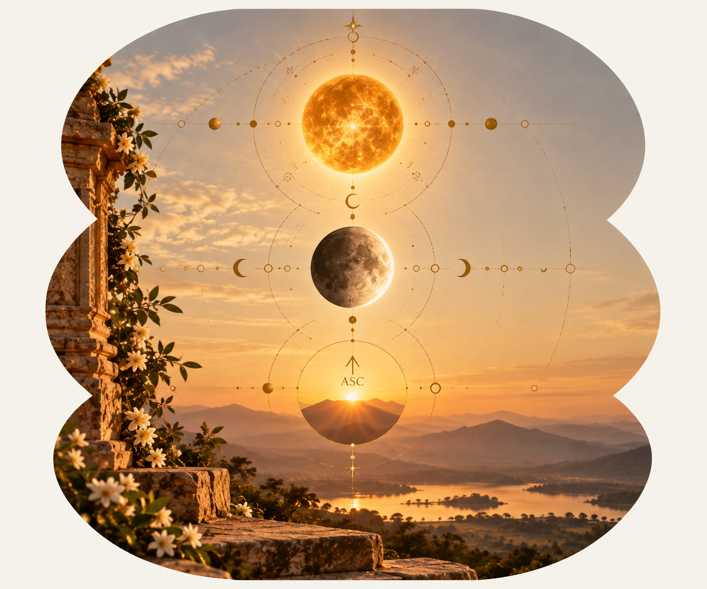 Sun, moon, and lunar phases over a landscape with mountains and a river at sunset, with astrology symbols and lines overlayed.