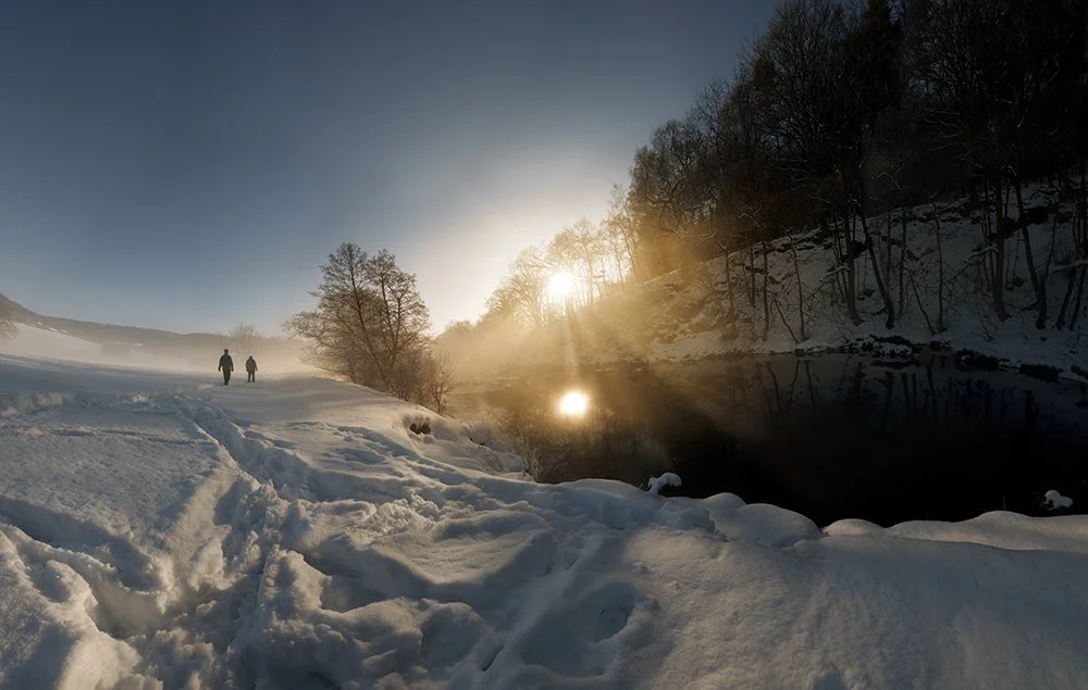 Low winter sun, the River Derwent Available as a print