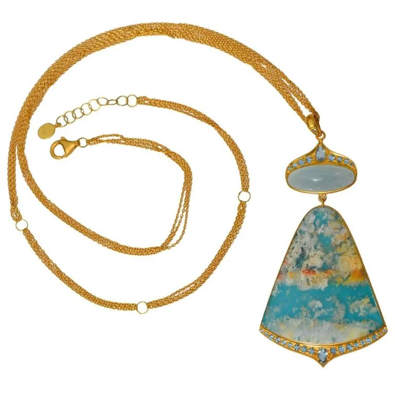 Lauren Harper Sea Agate, Aquamarine, Diamond and 18kt Gold Pendant Necklace