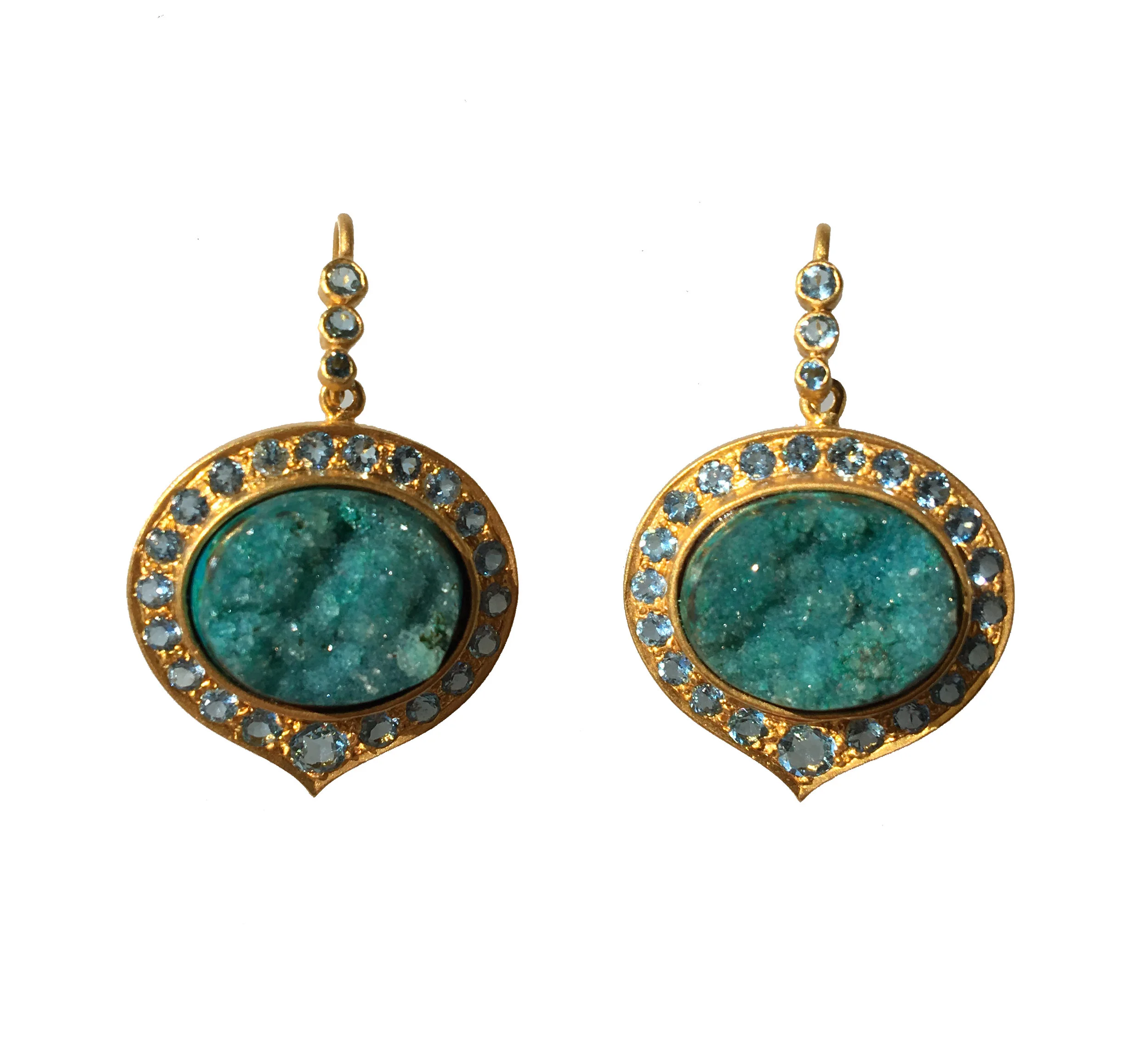 Lauren Harper Chrysocolla Druzy, Aquamarine, 18kt Gold Drop Earrings