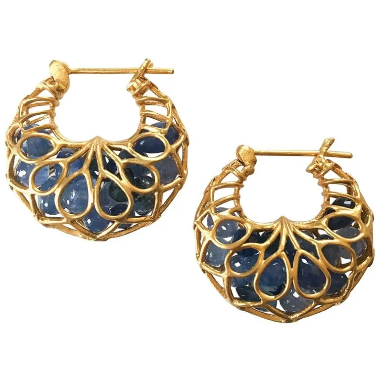 18kt Gold Hoops filled with Blue Sapphires