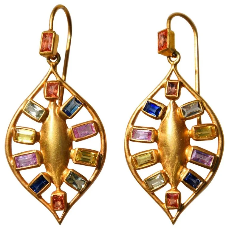 Multicolored Sapphire Baguettes in 18kt Gold Drop Earrings
