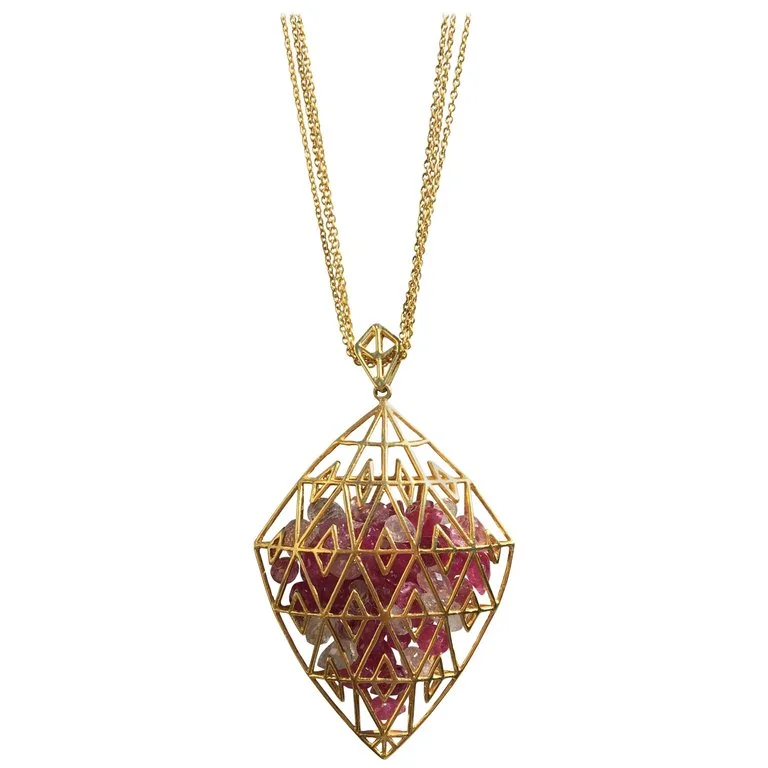 Pink Sapphires Inside 18 Karat Gold Shaker Pendant Statement Necklace