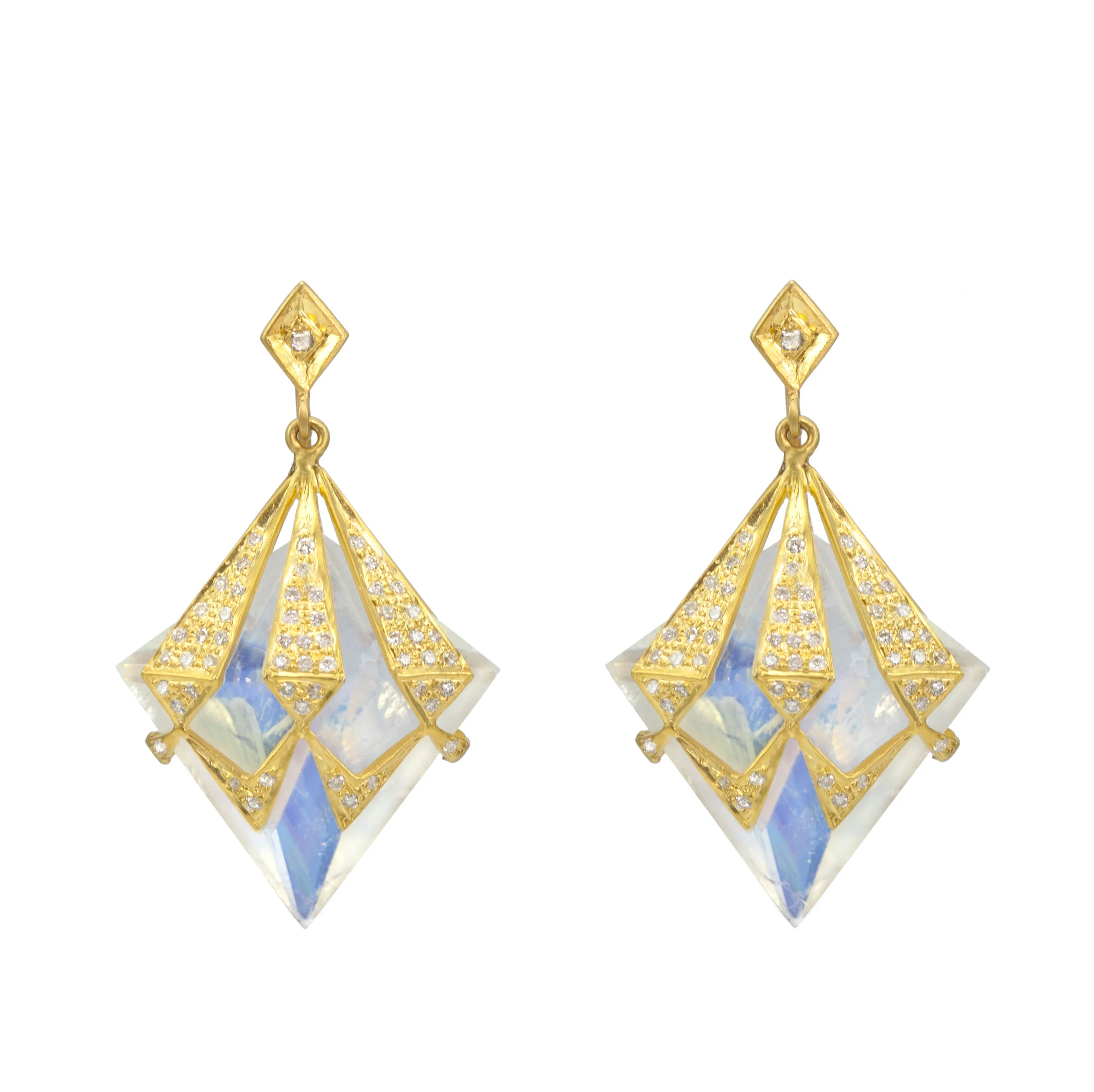 Rainbow Moonstone, 1.14cts Diamond, Gold Statement Drop Earrings