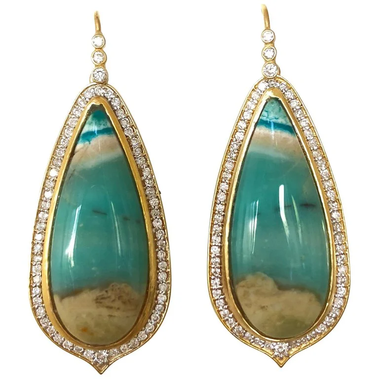 1.03 Carat Diamonds Opalized Petrified Wood Gold Earrings
