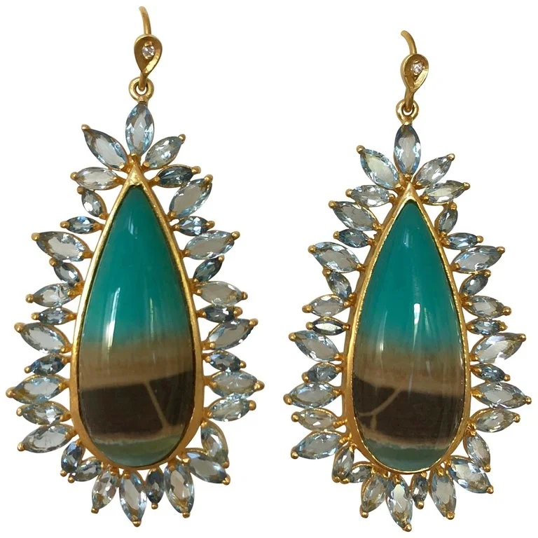 Aquamarine Opalized Petrified Wood Gold Earrings
