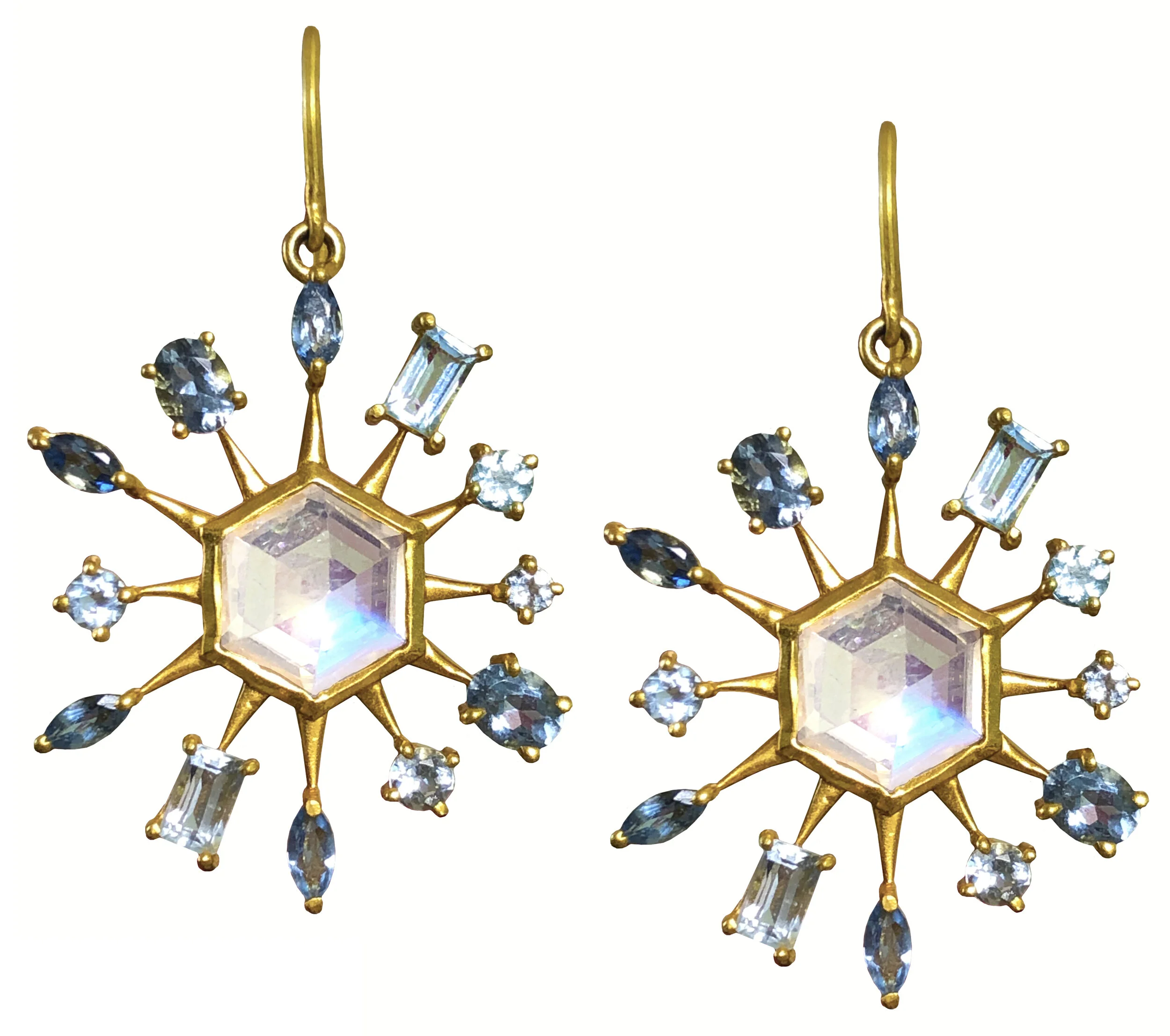Moonstone Aquamarine Gold Star Earrings by Lauren Harper