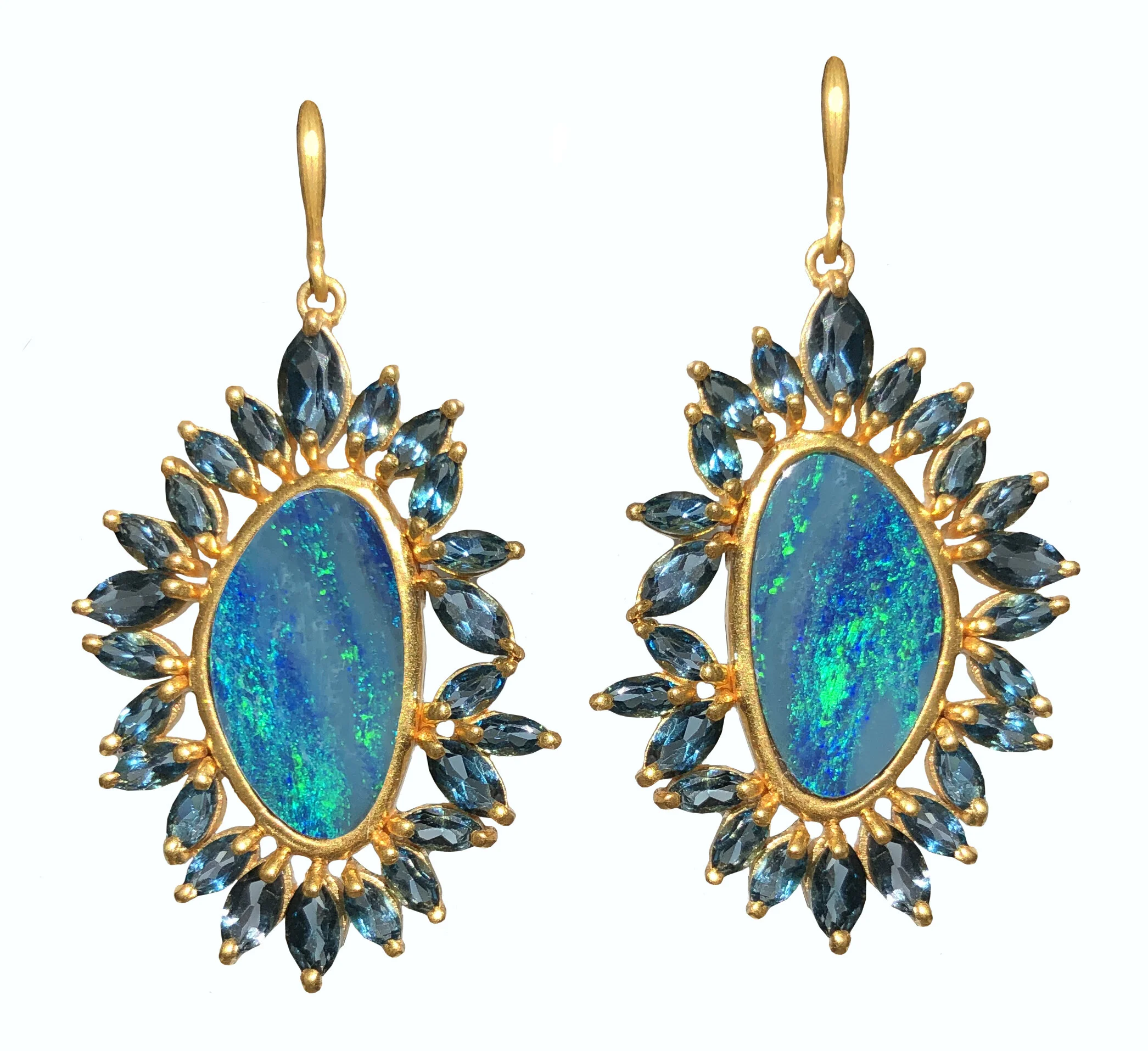  Boulder Opal Blue Topaz Gold Earrings by Lauren Harper