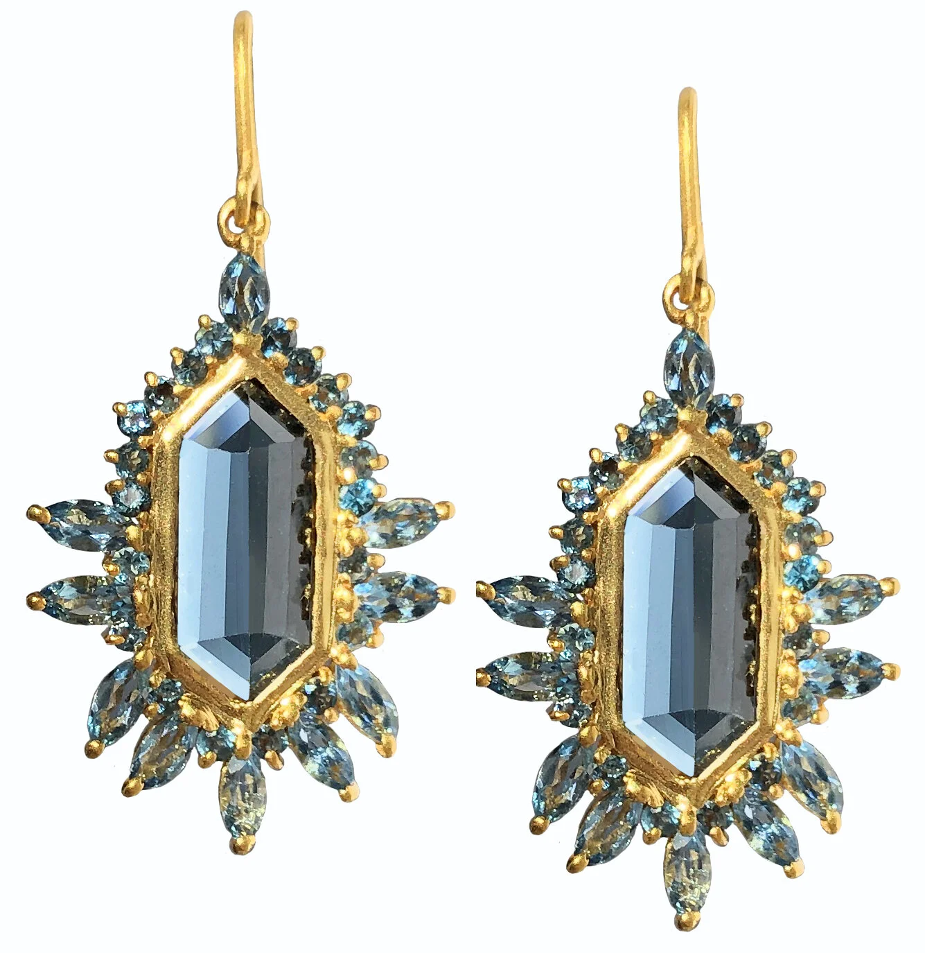 6.42 Carat Aquamarine London Blue Topaz Gold Geometric Earrings by Lauren Harper