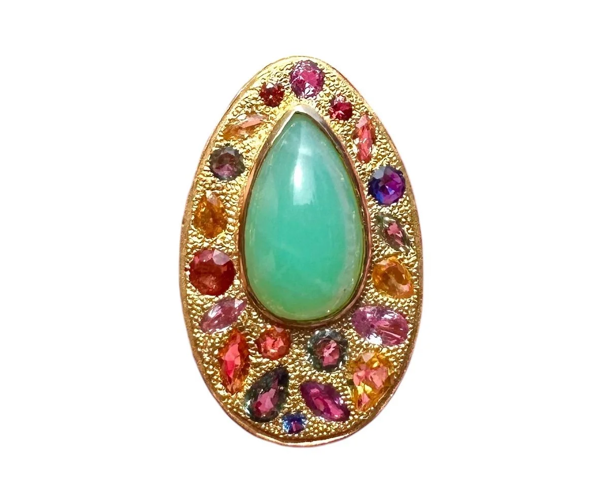 Chrysophrase and Multicolored Sapphires in 18kt Gold Pear Cocktail Ring