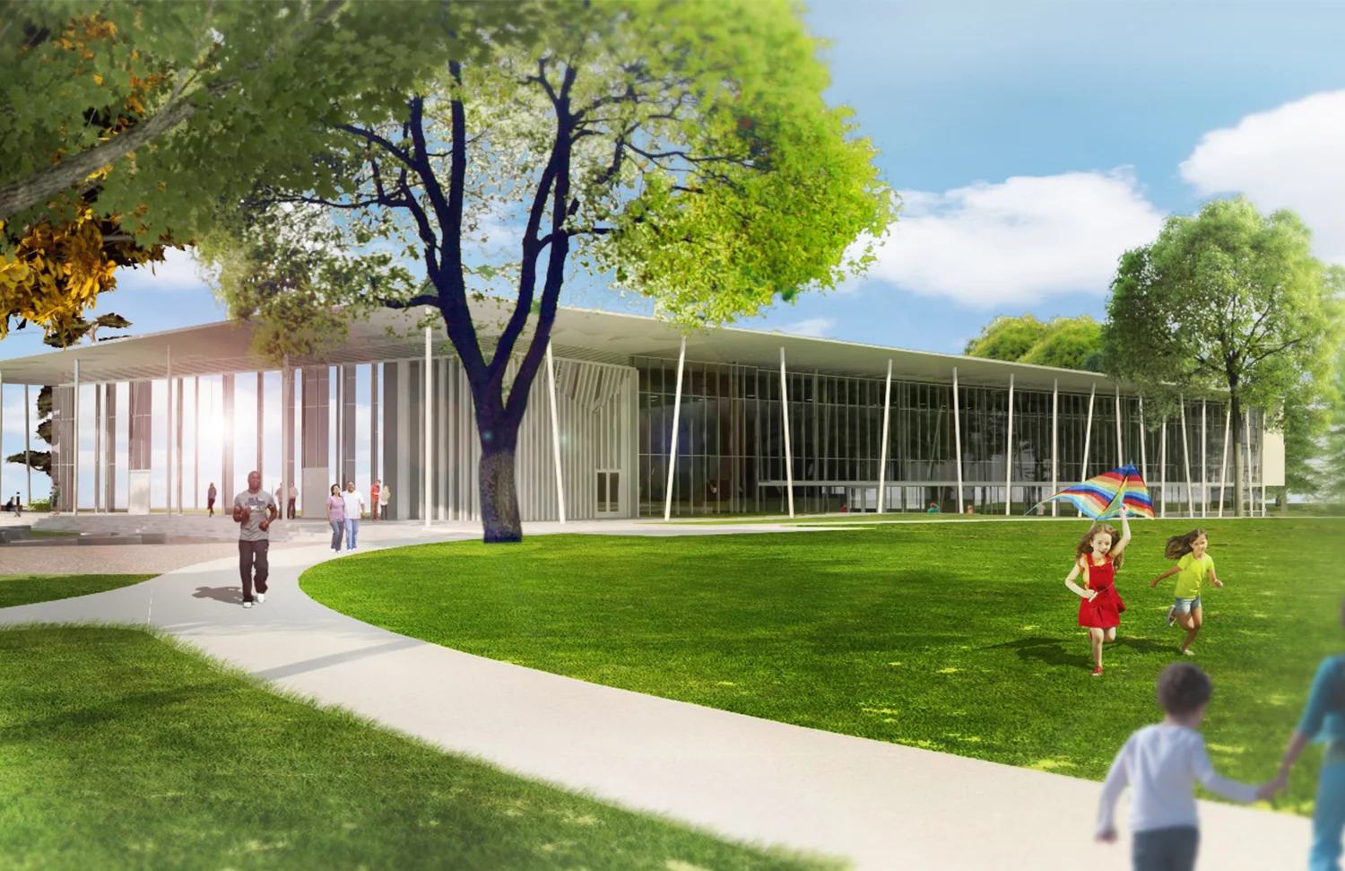 Rendering illustrating the “maker space” and “porch” along the southern façade of the building, facing the existing open lawn space positioned for community gathering, play, and contemplation.