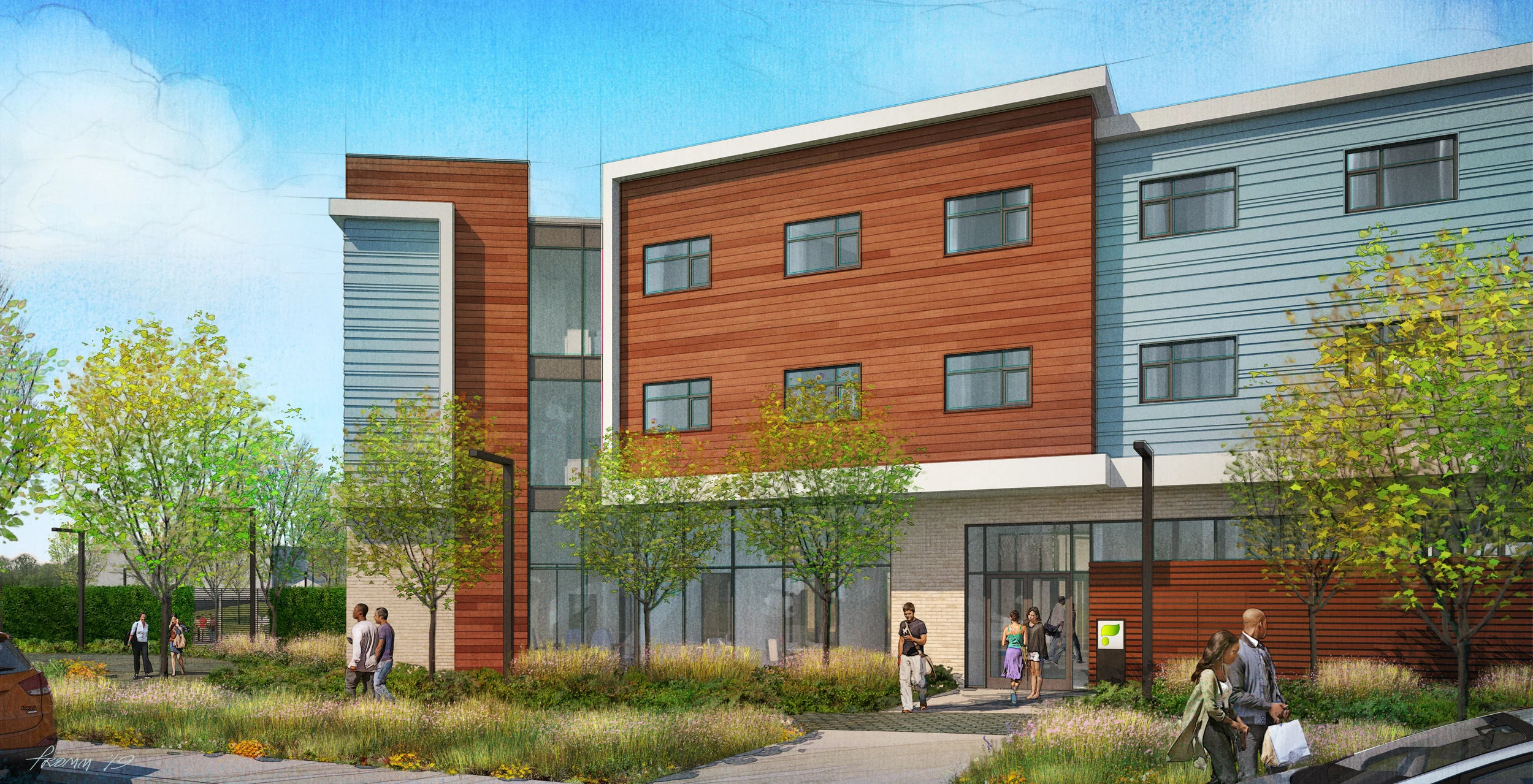The buildings’ architecture touch on the Path of Recovery , a constantly changing, yet never ending continuum, a metaphor for the patient’s own path of recovery and healing. Rendering: Champlin Architecture