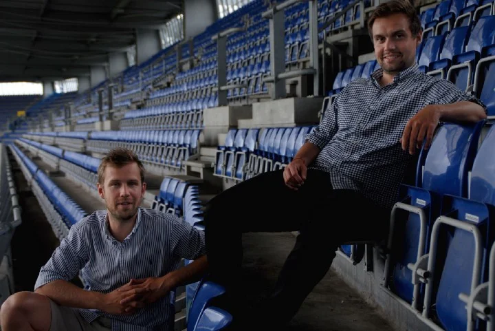 Billetto co-founders Anders Fink and Patrick Borre inside Brøndby football stadium, Denmark