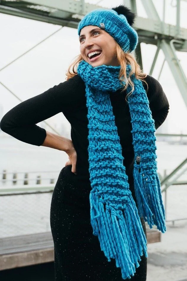 Scarf V with Fringe Cian Hand Knitted 100% Merino Wool