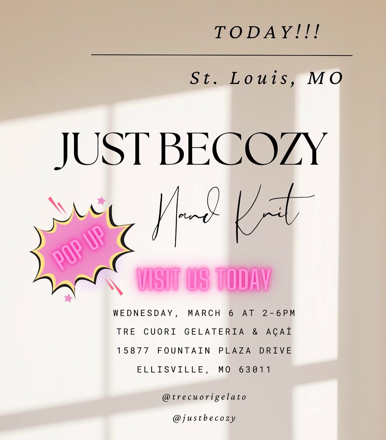 Hello St, Louis! Visit @justbecozy Pop-Up today at Tre Cuori!