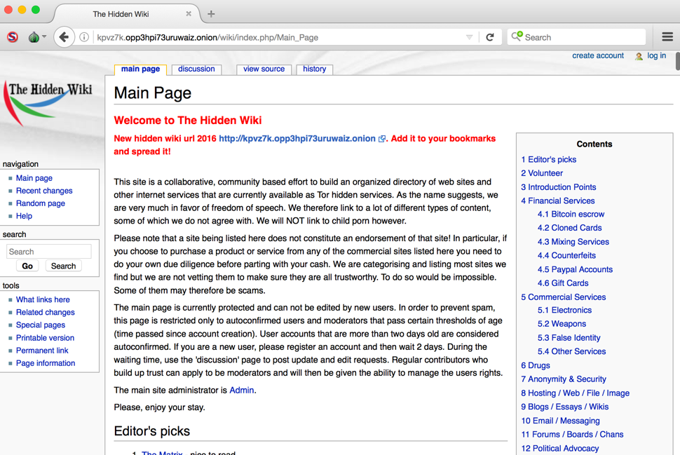 The Main Page of The Hidden Wiki.