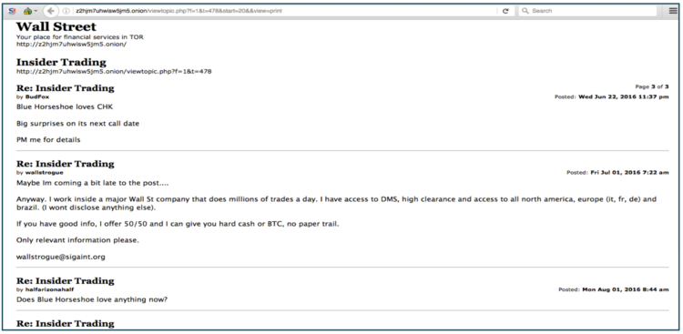 A darknet forum where purveyors of insider information are offering their services.