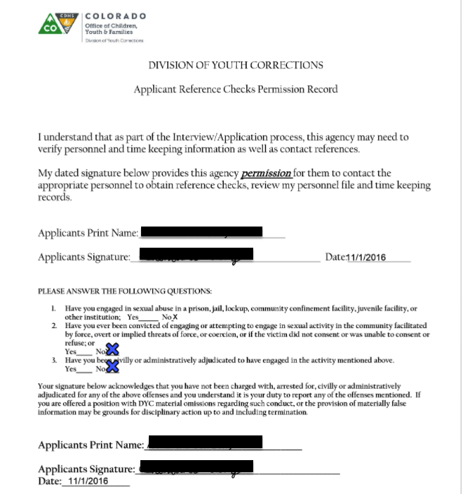 A Colorado court's Division of Youth Corrections Reference Check form, with the minor's name and signature (redacted)
